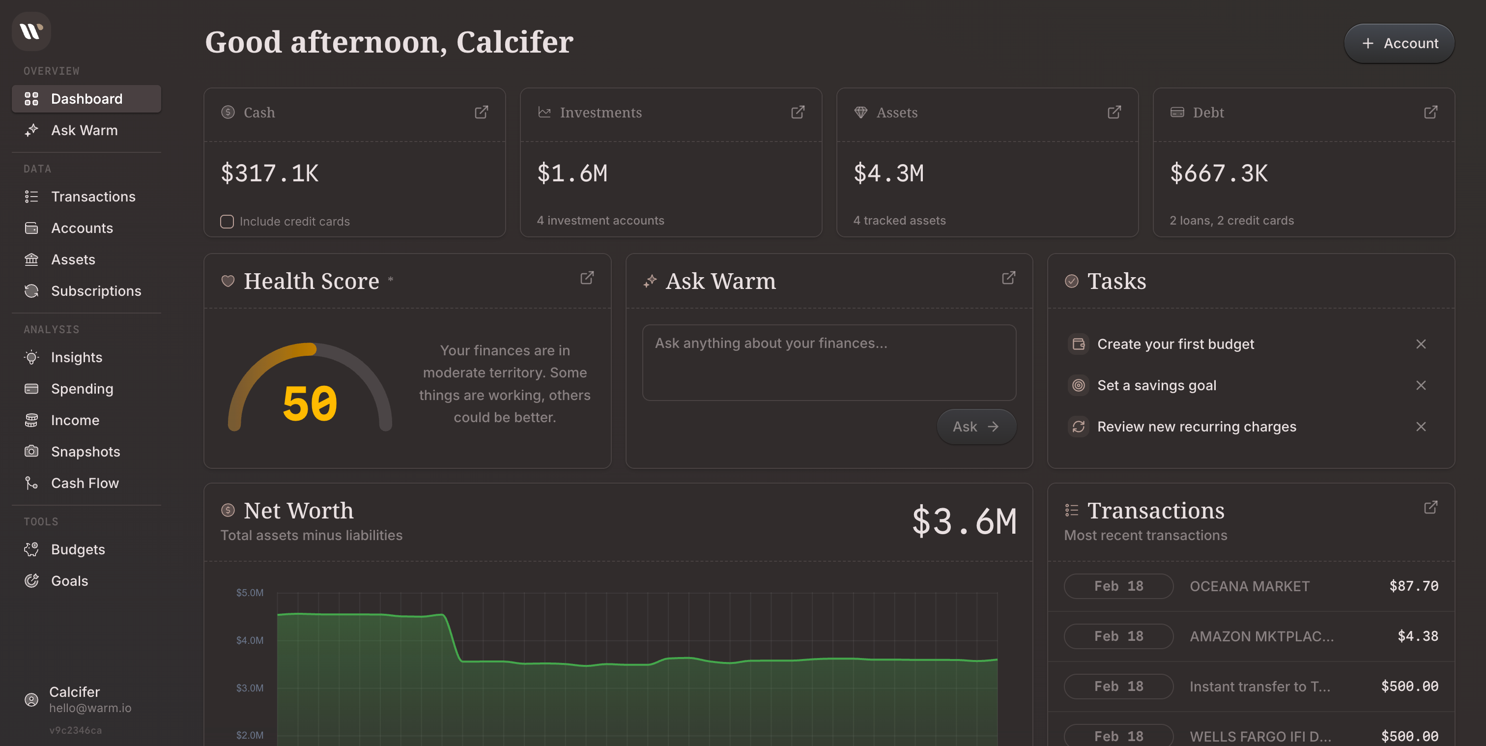 Warm dashboard showing accounts, net worth, and financial health