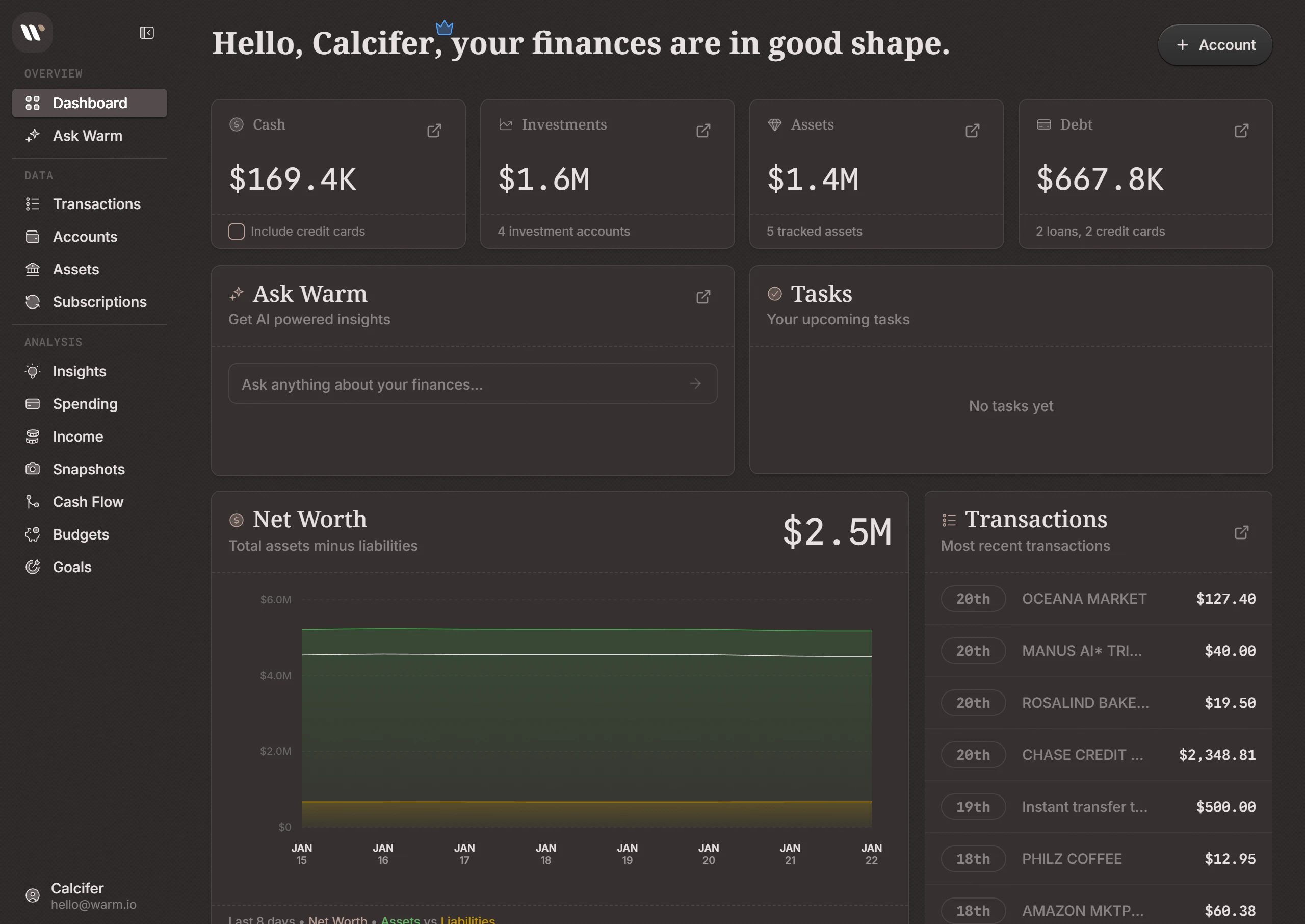 Warm financial dashboard on desktop displaying comprehensive net worth chart, transaction history, and budget overview in dark mode
