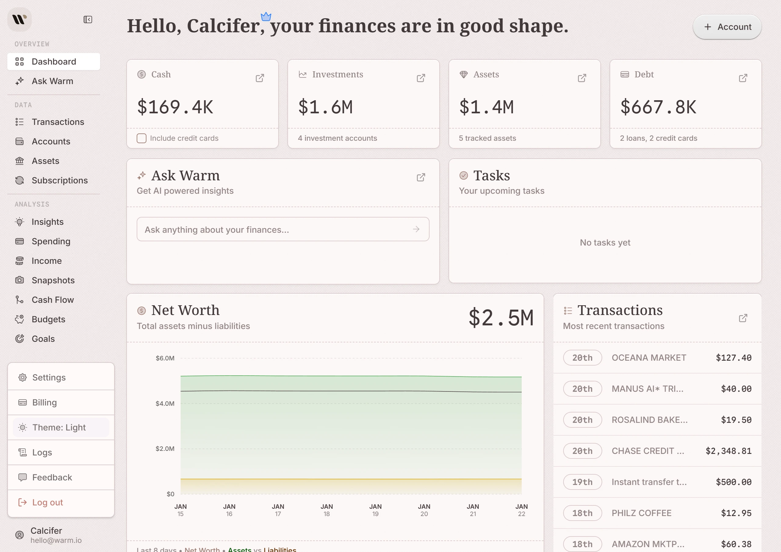 Warm financial dashboard on desktop displaying comprehensive net worth chart, transaction history, and budget overview in light mode