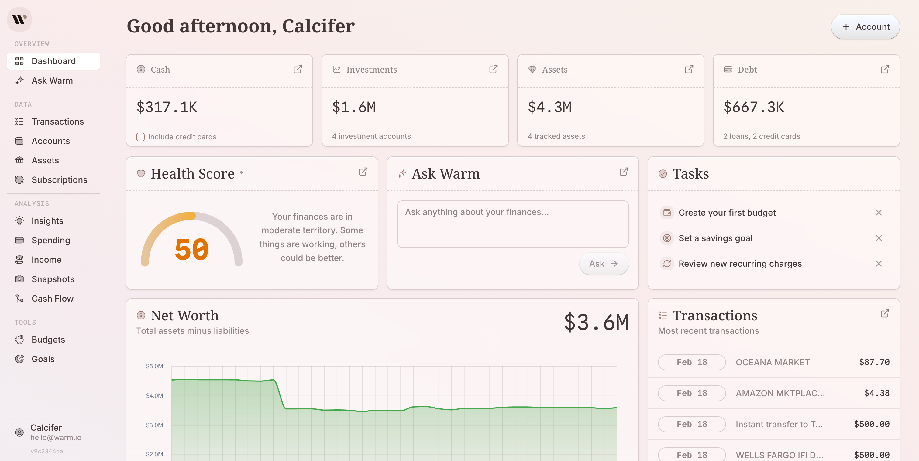 Warm dashboard showing accounts, net worth, and financial health