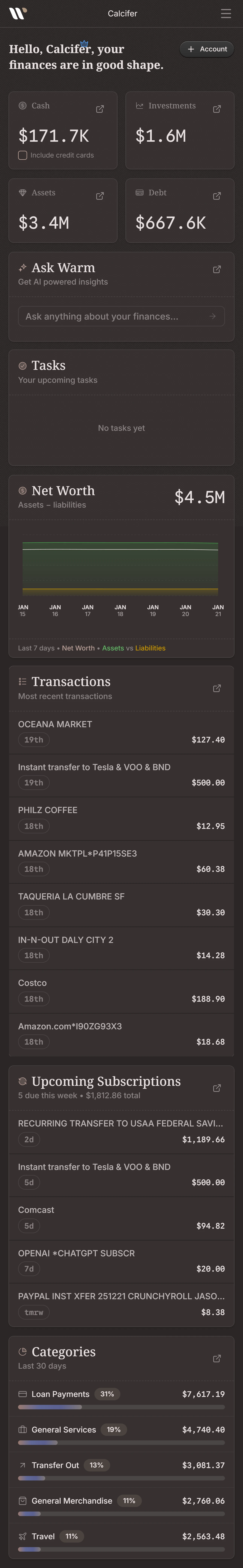 Warm financial dashboard on mobile showing net worth trends, recent transactions, and spending categories in dark mode
