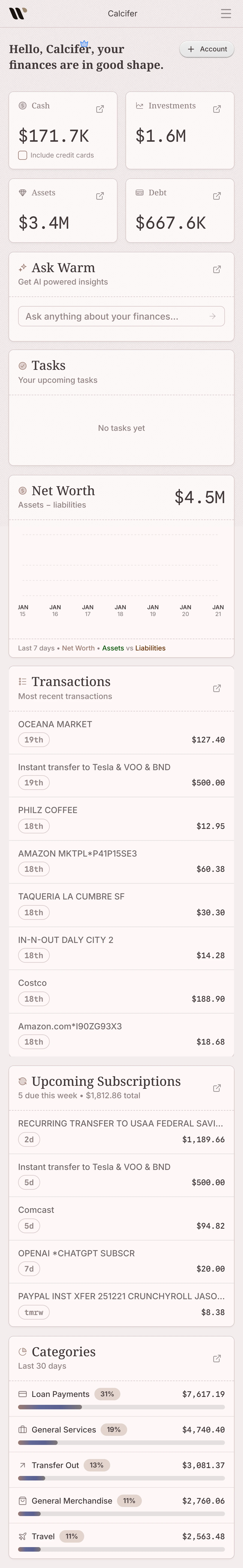 Warm financial dashboard on mobile showing net worth trends, recent transactions, and spending categories in light mode